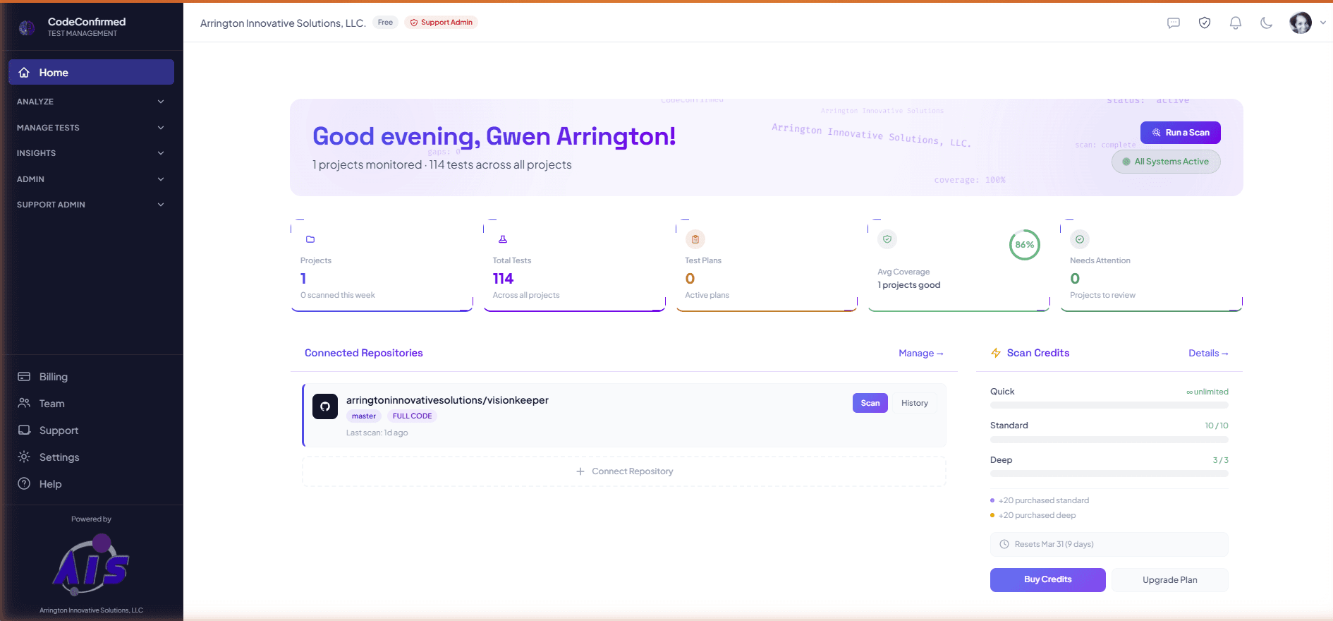 CodeConfirmed Dashboard — AI-powered test management